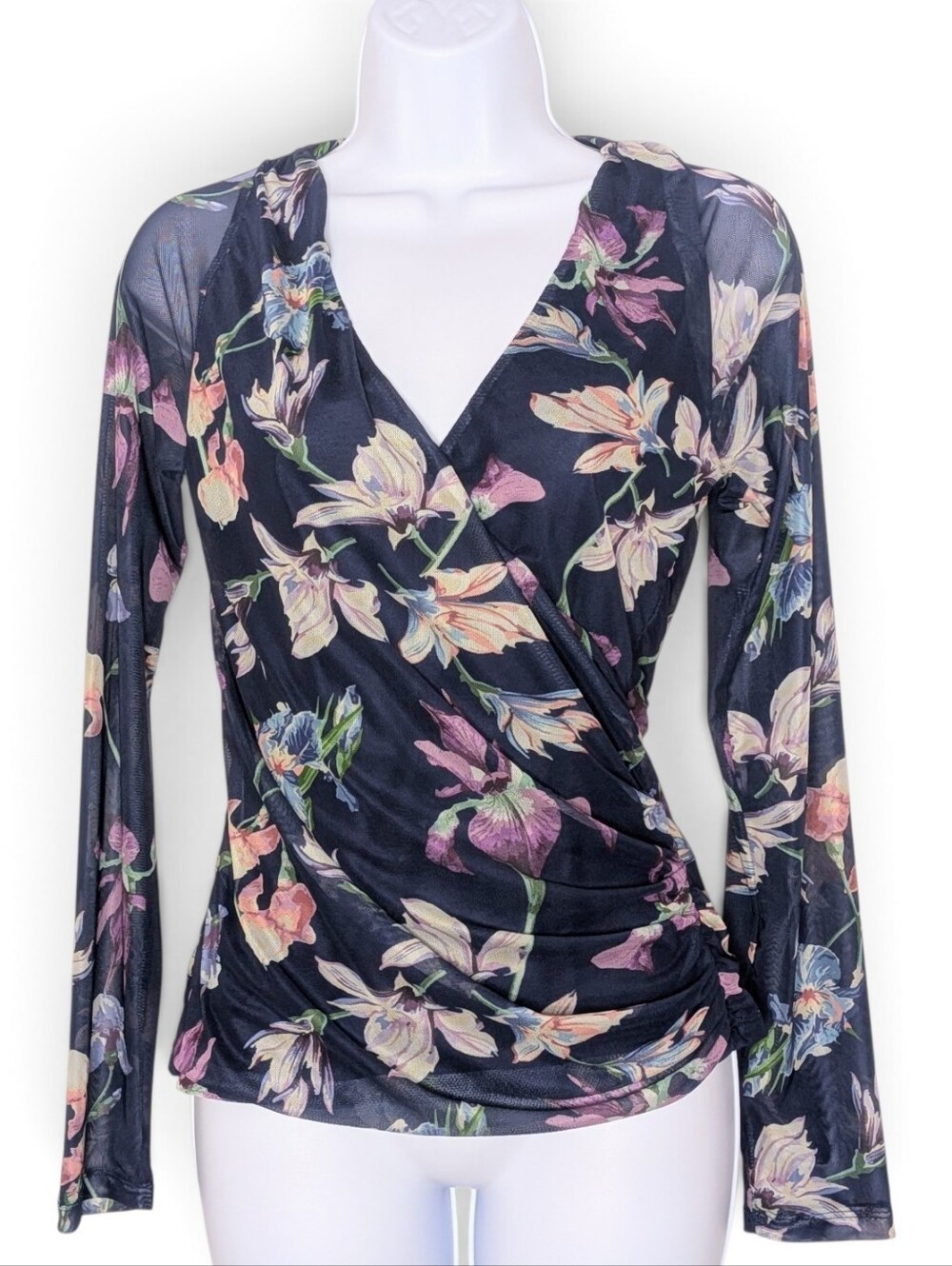 VENUS Navy Floral Wrap Mesh Long Sleeve Vneck Ruched Side Top